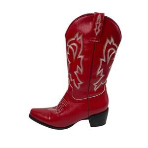 Womens Red Faux Leather Classic Embroidered Mid Calf Western Cowgirl Boots 6.5